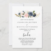 Invitation Automne Bleu Bleu Fleurs Rose Boda Mariage (Devant)