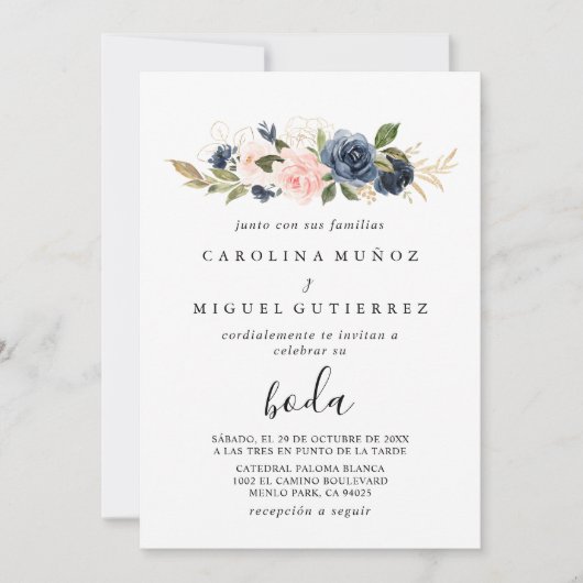 Invitation Automne Bleu Bleu Fleurs Rose Boda Mariage (Devant)