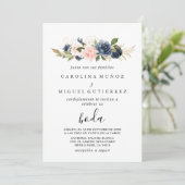 Invitation Automne Bleu Bleu Fleurs Rose Boda Mariage (Debout devant)