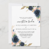 Invitation Automne Bleu Or Fleurs Roses Nuestra Boda (Devant)