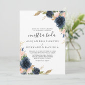 Invitation Automne Bleu Or Fleurs Roses Nuestra Boda (Debout devant)