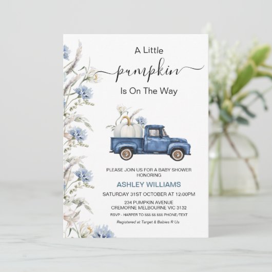 Invitation Automne Blue Floral Petit Citrouille Baby shower d (Debout devant)