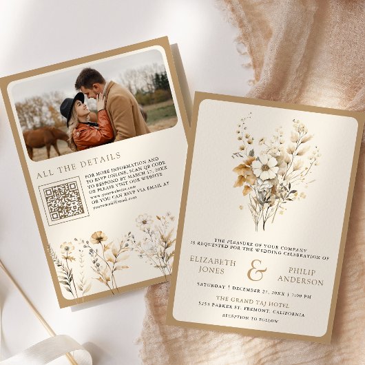 Invitation Automne Bohème Code QR Photo Fleur Sauvage Mariage