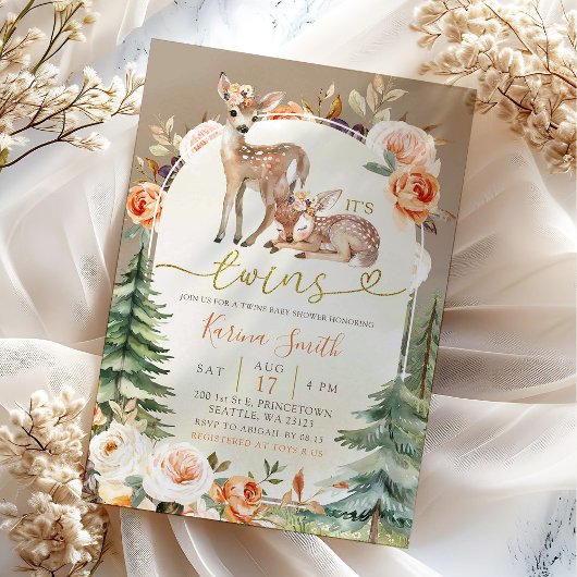 Invitation Automne Boho Deer Twins Girl Floral Baby shower