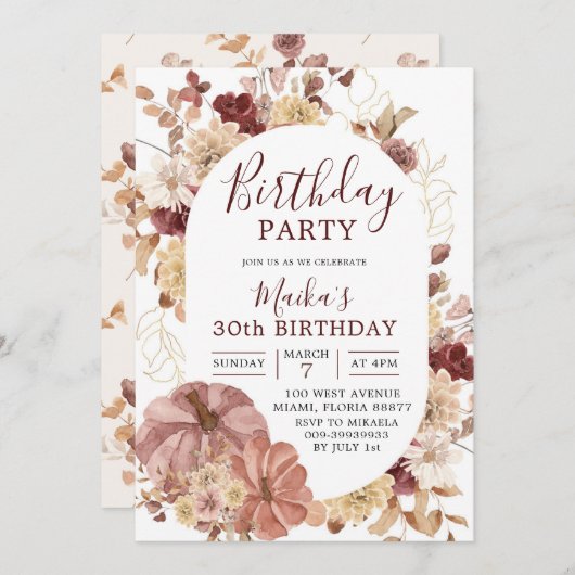 Invitation Automne Boho Floral Citrouille fête d'anniversaire (Devant / Derrière)