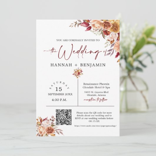 Invitation Automne Boho Mariage Moderne Minimal QR Code Photo (Debout devant)