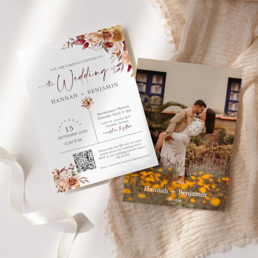 Invitation Automne Boho Mariage Moderne Minimal QR Code Photo