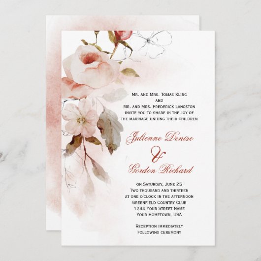 Invitation Automne Boho Marsala Burgudy Blush FlorMariage (Devant / Derrière)