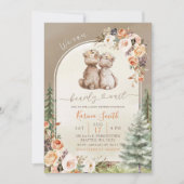 Invitation Automne Boho Ours Boisé Forêt Baby shower Floral (Devant)
