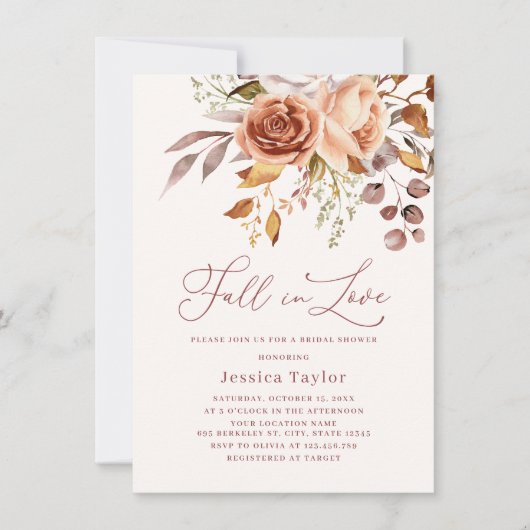 Invitation Automne Boho Rose Fleur d'aquarelle Fête des marié (Devant)