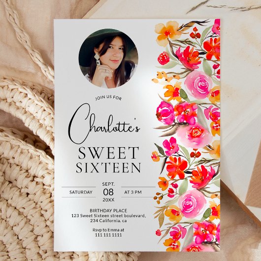 Invitation Automne boho rouge orange floral photo Sweet 16