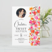 Invitation Automne boho rouge orange floral photo Sweet 16 (Debout devant)