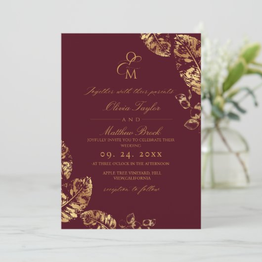 Invitation Automne Boho | Russe Bourgogne & Mariage d'or (Debout devant)