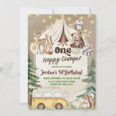 Invitation Automne Boho Woodland Boy Happy camper 1er anniver (Devant)