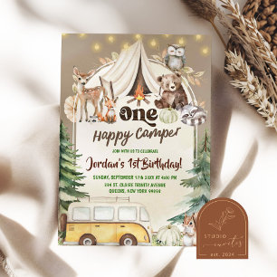 Invitation Automne Boho Woodland Boy Happy camper 1er anniver