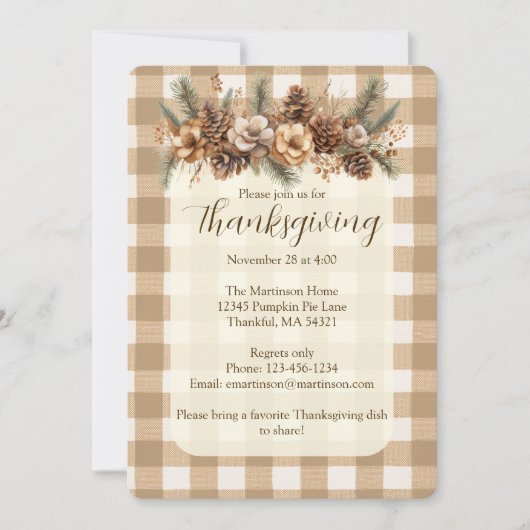 Invitation Automne Botanique Woodland Brown En vichy Thanksgi (Devant)