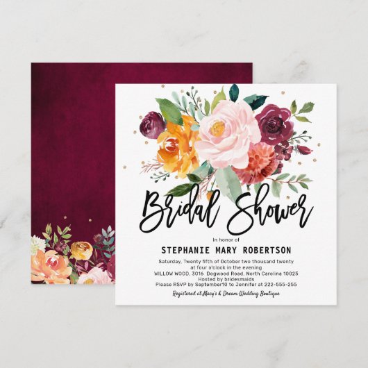 Invitation Automne Bourgogne Brousse Floral Fleur Fête des ma (Devant / Derrière)