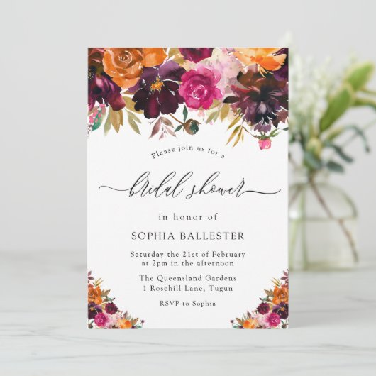 Invitation Automne Bourgogne Fleurs Fête des mariées d'automn (Debout devant)