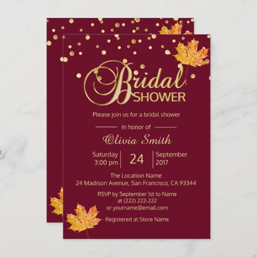 Invitation Automne Bourgogne-Marsala Fête de l'mariée (Devant / Derrière)