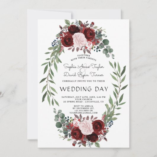 Invitation Automne Bourgogne Marsala Floral Wreath Mariage (Devant)