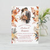 Invitation Automne Bourgogne Orange Floral Mariée et Mariage  (Debout devant)
