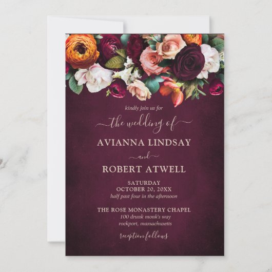 Invitation Automne Bourgogne Rouge Orange Blush Floral Mariag (Devant)