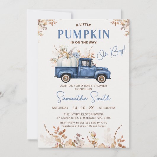 Invitation Automne Brown Fleur sauvage Citrouille Baby shower (Devant)