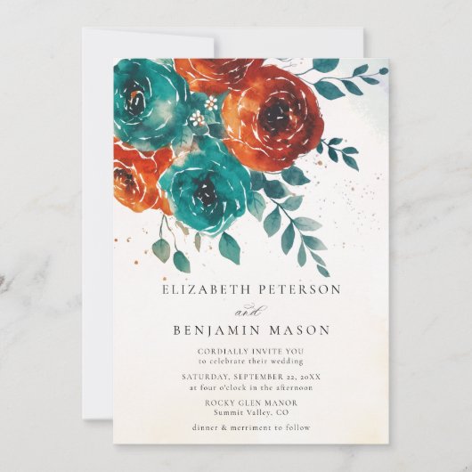 Invitation Automne Burnt Orange Rose Turquoise vert Mariage (Devant)