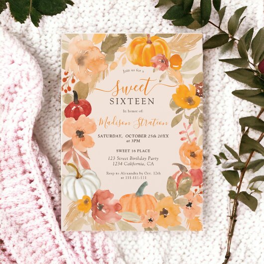 Invitation Automne Chic Boho citrouille floral Sweet 16 anniv