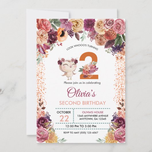 Invitation Automne Chouette florale Anniversaire (Devant)