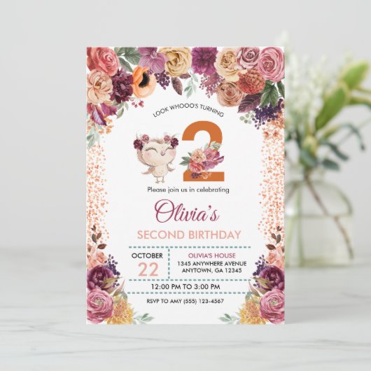 Invitation Automne Chouette florale Anniversaire (Debout devant)