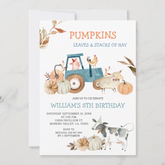 Invitation Automne Citrouille Animaux de ferme Anniversaire (Devant)