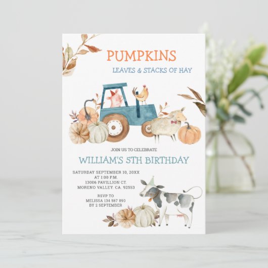Invitation Automne Citrouille Animaux de ferme Anniversaire (Debout devant)