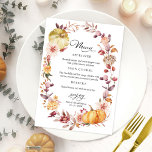 Invitation Automne Citrouille Automne Menu Fête des mariées A<br><div class="desc">Jolie couronne de feuilles d'automne, menu de douche de la nuptiale citrouille sur le thème de l'aquarelle pour assiette. Facile à personnaliser avec vos détails. Contactez-moi par conversation si vous avez des questions sur l'oeuvre ou avez besoin d'une personnalisation. VEUILLEZ NOTER : Pour obtenir de l'aide sur les commandes, l'expédition,...</div>