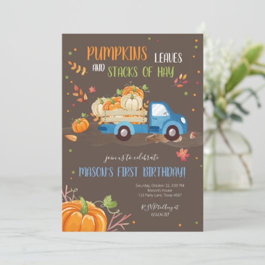 Invitation Automne Citrouille Bleu Camion Orange Green Boy An (Debout devant)