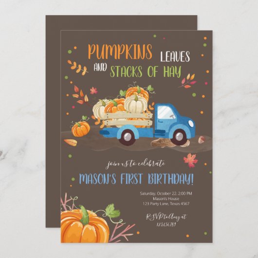 Invitation Automne Citrouille Bleu Camion Orange Green Boy An (Devant / Derrière)