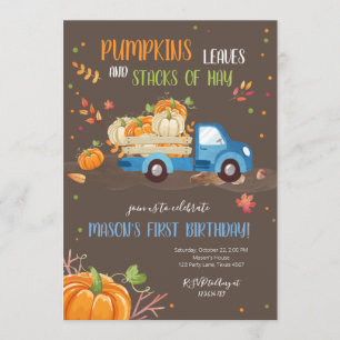 Invitation Automne Citrouille Bleu Camion Orange Green Boy An