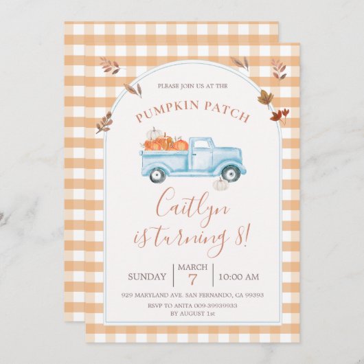 Invitation Automne Citrouille Camion Patch 8e fête d'annivers (Devant / Derrière)