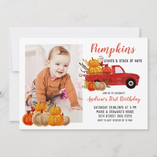 Invitation Automne Citrouille Camion rouge Anniversaire avec  (Devant)