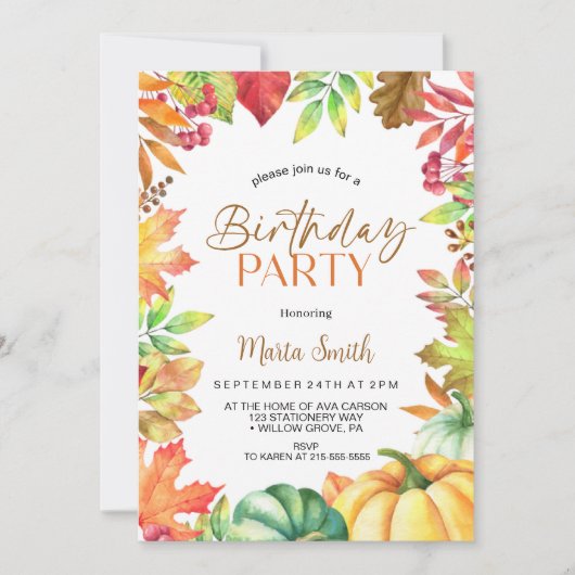 Invitation Automne citrouille fête d'anniversaire (Devant)