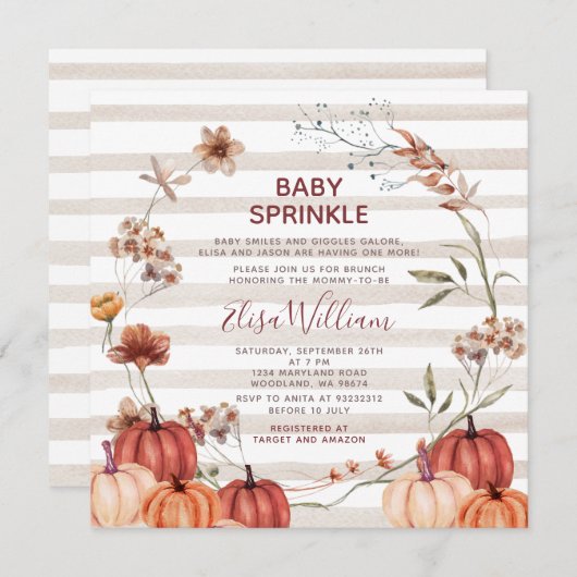 Invitation Automne Citrouille Fleurs sauvages Stripe Baby Spr (Devant / Derrière)