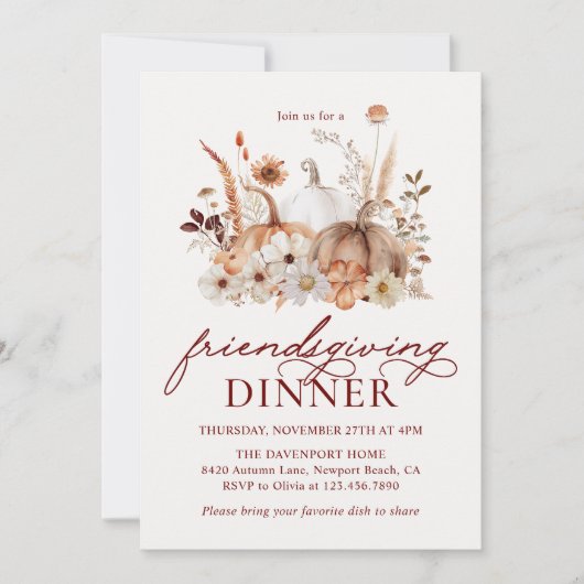 Invitation Automne Citrouille Floral Rustic Dîner d'action (Devant)
