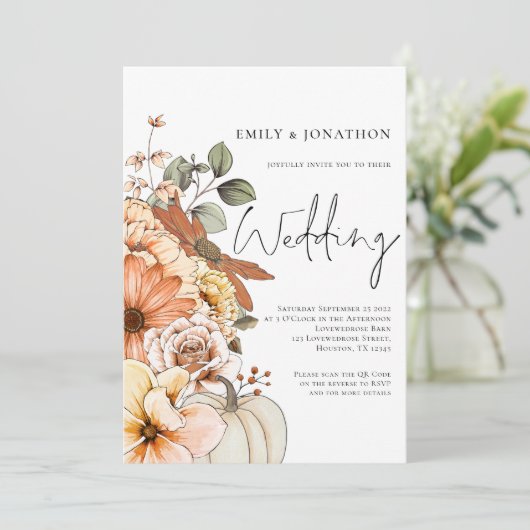 Invitation Automne Citrouille floral Script QR Code Mariage I (Debout devant)