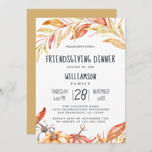 Invitation Automne Citrouille Golden Foliing Friendsgiving Dî (Devant / Derrière)