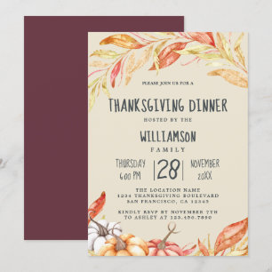 Invitation Automne Citrouille Golden Foliing Thanksgiving Dîn