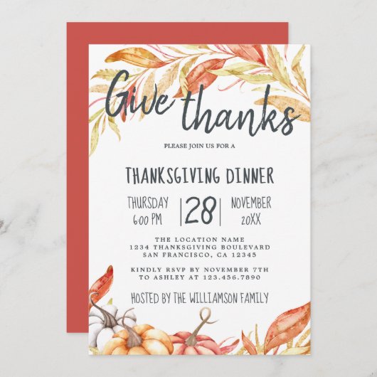 Invitation Automne Citrouille Golden Foliing Thanksgiving Dîn (Devant / Derrière)