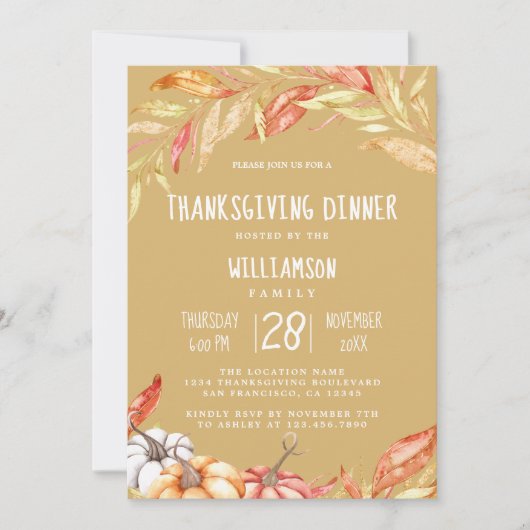 Invitation Automne Citrouille Golden Foliing Thanksgiving Dîn (Devant)