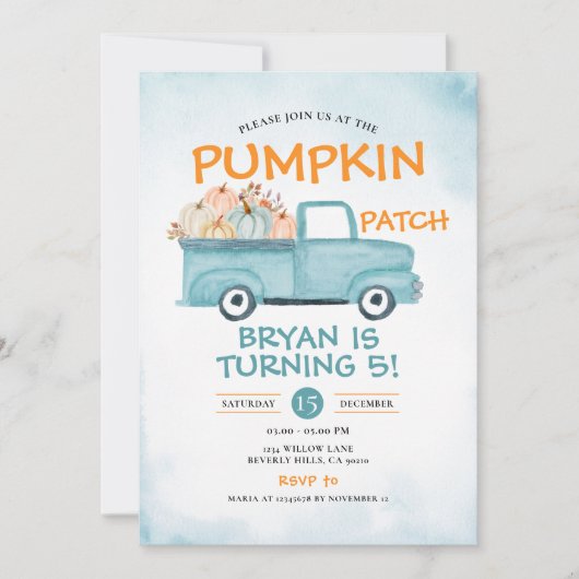 Invitation Automne Citrouille Patch Anniversaire Camion Autom (Devant)
