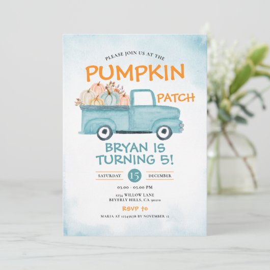 Invitation Automne Citrouille Patch Anniversaire Camion Autom (Debout devant)