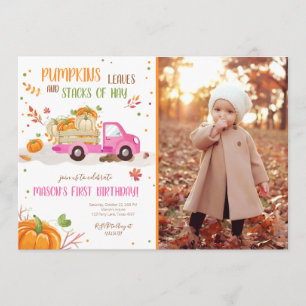 Invitation Automne Citrouille Pink Truck Orange Green Girl An